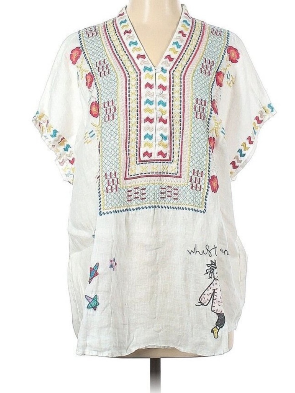 Johnny Was Nandi Linen Blouse Floral Stars Embroidered XS